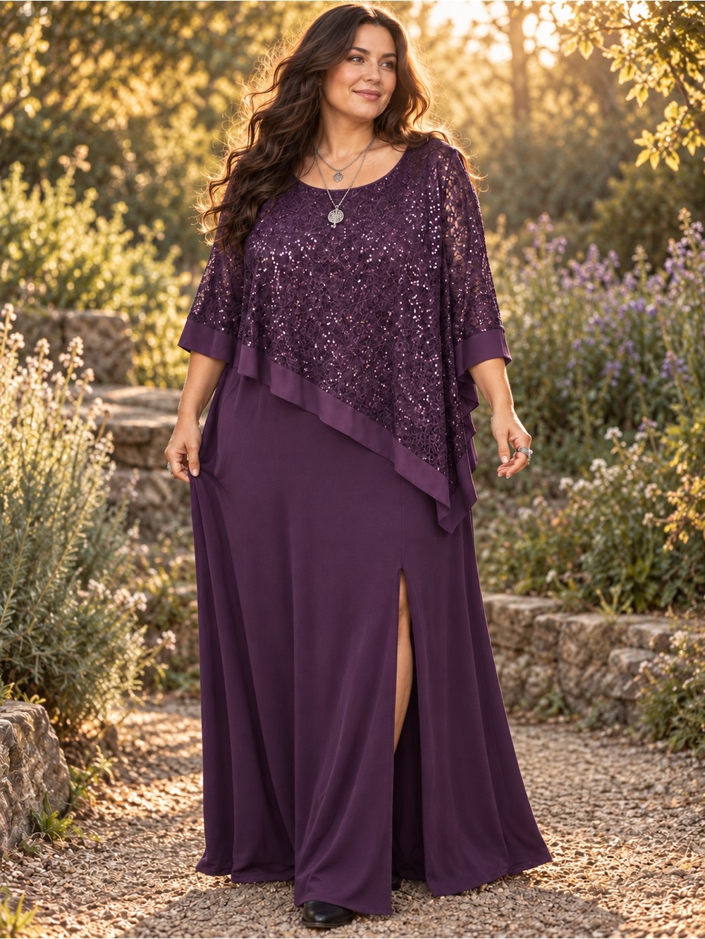 Whimsigoth R&M Richards Y2K Stevie-Inspired Plum Sequin Lace Cape Maxi Dress 16W
